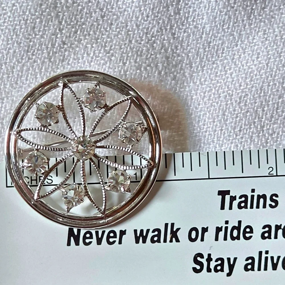 Carl Art Vintage Brooch Sterling Silver Rhinestone Floral Unique Circle Pin